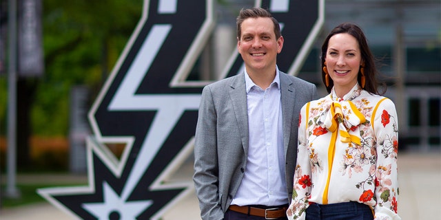 Peter J. Holt and Corinna Holt Richter pose for a photo after being announced on the San Antonio Spurs organizations board of managers on March 29, 2019, at the AT&amp;T Center in San Antonio, Texas.