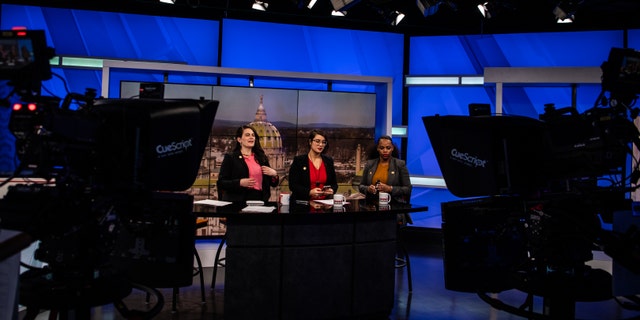 HARRISBURG, PA - FEBRUARY 21: Pennsylvania state House Rep. Elizabeth Fiedler, left, Rep. Sara Innamorato, center, and Rep. Summer Lee prepare to go on air for an interview with local TV station on Thursday, February 21, 2019, in Harrisburg, PA. 