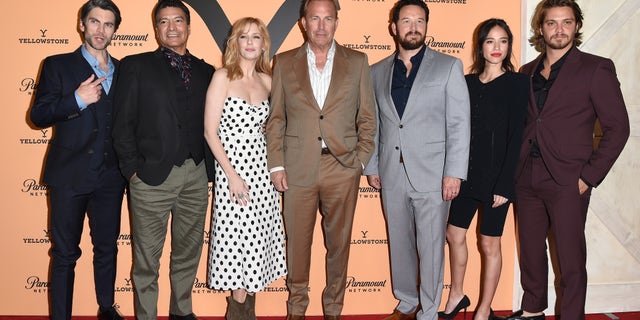 (L-R) Wes Bentley, Gil Birmingham, Kelly Reilly, Kevin Costner, Cole Hauser, Kelsey Asbille and Luke Grimes attend the premiere party for Paramount Network's "Yellowstone" Season 2 in May 2019,