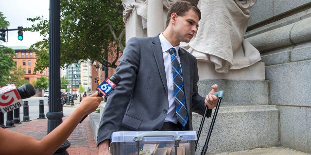 Nathan Carman ignores questions from the media upon his arrival at U.S. District Court for his federal civil trial in Providence, Rhode Island, on Aug. 21, 2019.