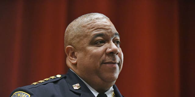 Baltimore police commissioner Michael Harrison during a community meeting on Feb. 11, 2019, at Forest Park High School.