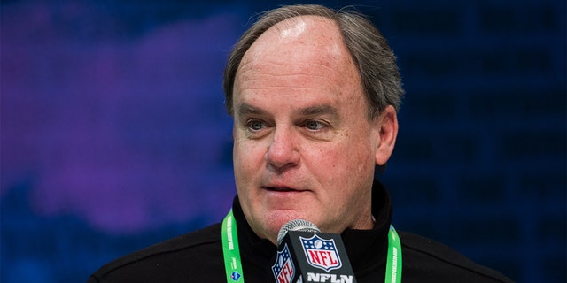 Pittsburgh Steelers general manager Kevin Colbert answers questions from the media during the NFL Scouting Combine on February 25, 2020, at the Indiana Convention Center in Indianapolis, Ind.