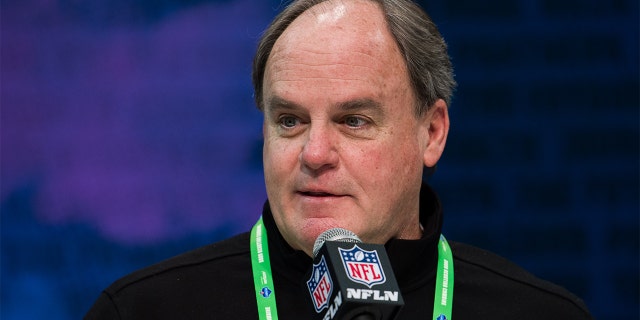 Pittsburgh Steelers general manager Kevin Colbert answers questions from the media during the NFL Scouting Combine on February 25, 2020, at the Indiana Convention Center in Indianapolis, Ind.