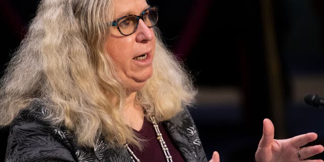 Rachel Levine, nominee for assistant secretary in the Department of Health and Human Services, testifies at her confirmation hearing, Feb. 25, 2021, on Capitol Hill.