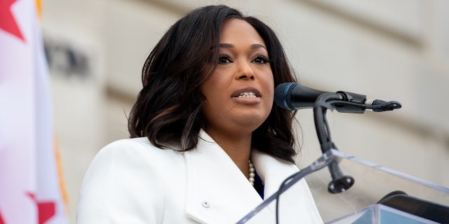 Janeese Lewis George speaks after being sworn in as a member of the Council of the District of Columbia, representing ward four, outside of the Wilson Building in Washington, D.C. on Saturday, January 2, 2021.
