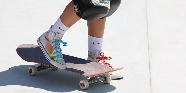 View of multi-colored sneakers on skater during Women's Park at Ariake Urban Sports Par at the 2020 Juegos olimpicos de verano