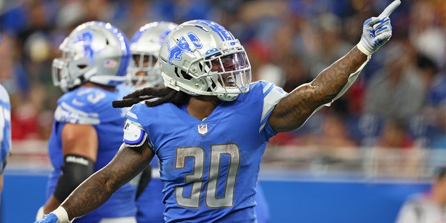 Detroit Lions running back Jamaal Williams (30) reacts after a play during an NFL football game between the Detroit Lions and the San Francisco 49ers in Detroit, Michigan USA, on Sunday, September 12, 2021.