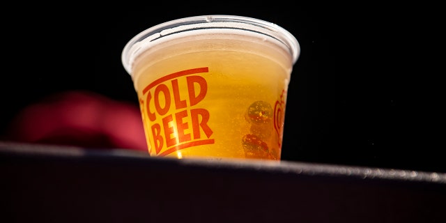 A cup of beer is displayed during a game between the Red Sox and the Baltimore Orioles on Sept. 19, 2021 at Fenway Park in Boston.