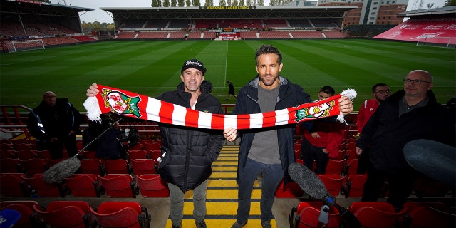 Wrexham co-chairmen Rob McElhenney and Ryan Reynolds during a press conference at the Racecourse Ground, Wrexham on October 28, 2021.