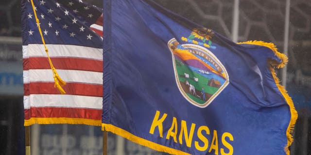 The U.S. and Kansas flags wave in the breeze prior to the game between Sporting Kansas City and the LA Galaxy on Wednesday, Oct. 27, 2021, at Childrens Mercy Park in Kansas City, Kansas.