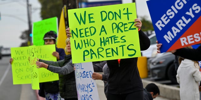 Los Alamitos, CA - November 01: Parents and activists protest Los Alamitos School Board President Marlys Davidson in Los Alamitos, CA, on Monday, November 1, 2021. (Photo by Jeff Gritchen/MediaNews Group/Orange County Register via Getty Images)