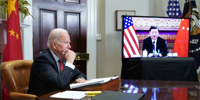 President Biden meets with China's President Xi Jinping during a virtual summit from the Roosevelt Room of the White House in Washington, D.C., Nov. 15, 2021. Photo by MANDEL NGAN/AFP via Getty Images