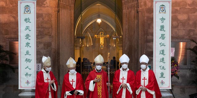 (L to R) Cardinals John Tong Hon, Cardinal Joseph Zen, Bishop Stephen Chow, Bishop Joseph Ha and Dom. Paul Gao pose for a photo at the Episcopal Ordination of the Most Reverend Stephen Chow in Hong Kong's Cathedral of the Immaculate Conception on Dec. 4, 2021.