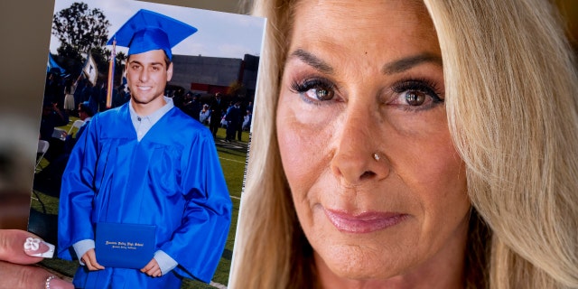 Paula Verrengia is shown at her home in Fountain Valley on Thursday, November 4, 2021, with a photo of her son Sam Doxakis on his graduation from Fountain Valley High. Doxakis died of a fentanyl overdose in March 2018.