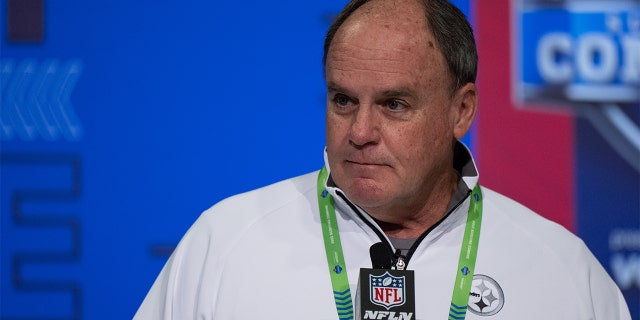 INDIANAPOLIS, IN - MARCH 01: Pittsburgh Steelers general manager Kevin Colbert answers questions from the media during the NFL Scouting Combine on March 1, 2022, at the Indiana Convention Center in Indianapolis, IN.