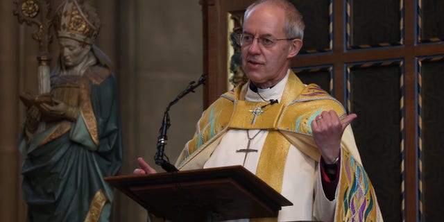 Archbishop of Canterbury Justin Welby delivers his Easter sermon at Canterbury Cathedral on April 17, 2022, in Canterbury, England. (Hollie Adams/Getty Images)