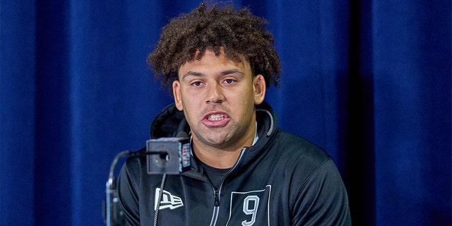 Michigan State tight end Connor Heyward answers questions from the media during the NFL Scouting Combine March 2, 2022, at the Indiana Convention Center in Indianapolis. 