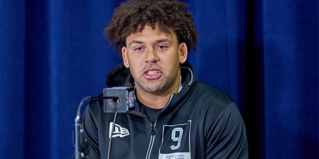 Michigan State tight end Connor Heyward answers questions from the media during the NFL Scouting Combine March 2, 2022, at the Indiana Convention Center in Indianapolis.