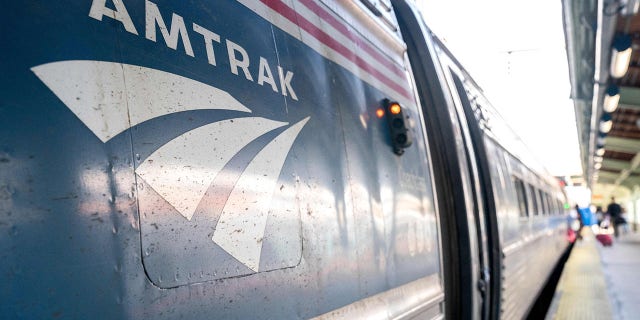 The Amtrak logo is seen on a train at Union Station in Washington, D.C., on April 22, 2022.