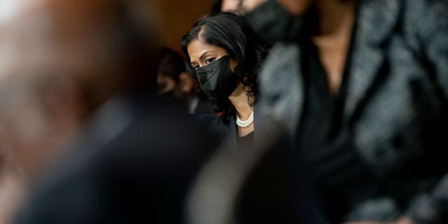 Nusrat Jahan Choudhury, a district judge nominee, listens during a Senate Judiciary Committee hearing on Capitol Hill in Washington on April 27, 2022.