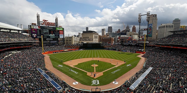 An overall view of Comerica Park during the game between the Chicago White Sox and the Detroit Tigers at Comerica Park on Friday, April 8, 2022 in Detroit, Michigan. 