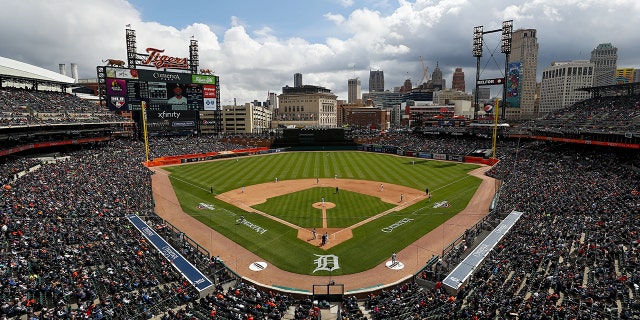 An overall view of Comerica Park during the game between the Chicago White Sox and the Detroit Tigers at Comerica Park on Friday, April 8, 2022 in Detroit, Michigan. 