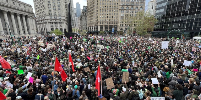 Thousands of protesters are gathered at the Union Square in New York City, United States on May 3, 2022.