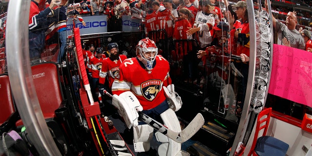 Goaltender Sergei Bobrovsky of the Panthers makes his way onto the ice against the Washington Capitals in the 2022 Stanley Cup Playoffs on May 3, 2022, in Sunrise, Florida.