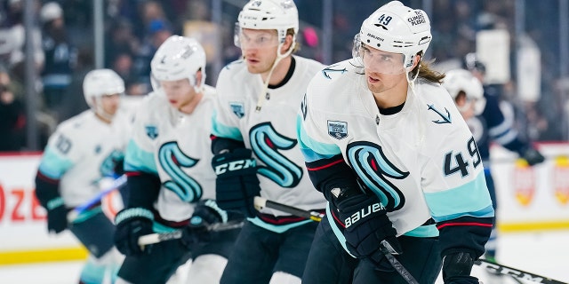 Victor Rask #49 of the Seattle Kraken skates during warmups before a game against the Winnipeg Jets at Canada Life Center on May 01, 2022 in Winnipeg, Manitoba.