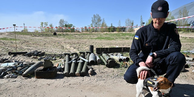 The Patron (Cartridge), a mascot of the Ukrainian Emergency Situation Service, stands next to an unexploded ordnance at an airport in the city of Hostomel in the Kyiv region on May 5, 2022.  (Photo by Sergei Supinsky / AFP) (Photo by Sergei Supinsky / AFP Getty Images)