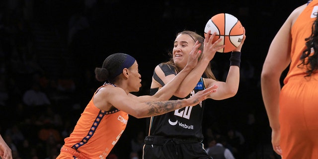 Sabrina Ionescu of the New York Liberty drives against the Connecticut Sun on May 7, 2022, at the Barclays Center in Brooklyn. 