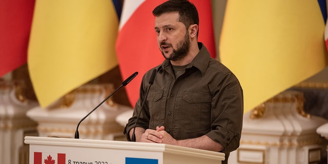 Ukrainian President Volodymyr Zelensky speaks at a news conference held jointly with Canadian Prime Minister Justin Trudeau on May 8, 2022 in Kyiv, Ukraine. 