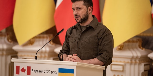 Ukrainian President Volodymyr Zelensky speaks at a news conference held jointly with Canadian Prime Minister Justin Trudeau on May 8, 2022 in Kyiv, Ukraine.