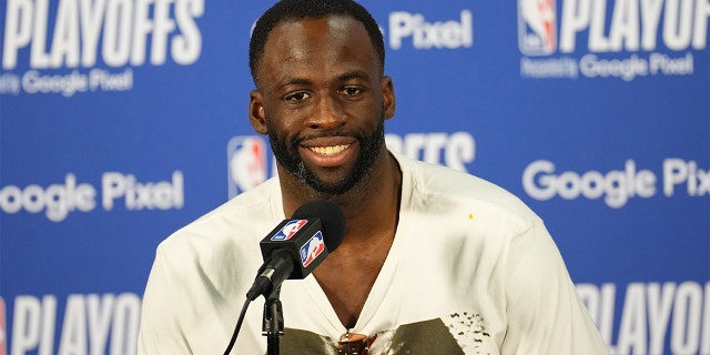 Draymond Green #23 of the Golden State Warriors talks to the media after Game 5 of the 2022 NBA Playoffs Western Conference Semifinals against the Memphis Grizzlies on May 11, 2022 at FedExForum in Memphis, Tennessee.