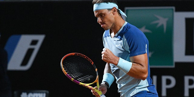 Rafael Nadal celebrates during the Internazionali BNL D'Italia 2022 on May 12, 2022, in Rome. 