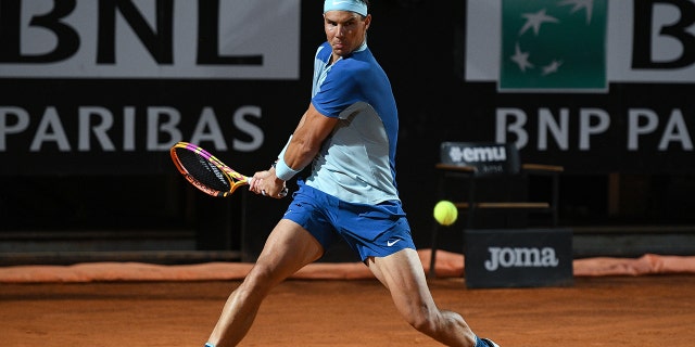 Rafael Nadal in action during the Internazionali BNL D'Italia 2022 match against Denis Shapovalov on May 12, 2022, in Rome. 