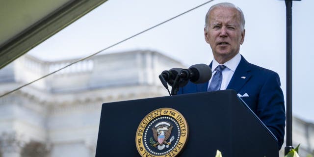 US President Joe Biden speaks during the National Peace Officers' Memorial Service on the West Front of the US Capitol in Washington, D.C., US, on Sunday, May 15, 2022. 