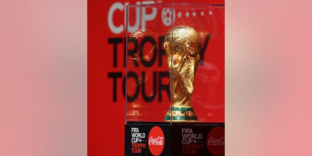 KUWAIT CITY, KUWAIT - MAY 16: The World Cup trophy is on display during a FIFA World Cup Trophy Tour event in Kuwait City, Kuwait, May 16, 2022. (Photo by Xinhua via Getty Images)