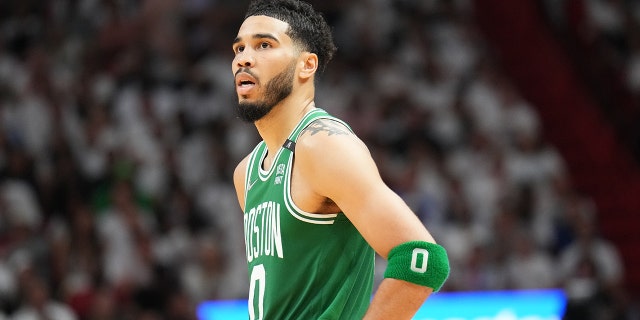 Jayson Tatum of the Boston Celtics during Game 1 of the 2022 NBA Eastern Conference finals May 17, 2022, at The FTX Arena in Miami, Fla.