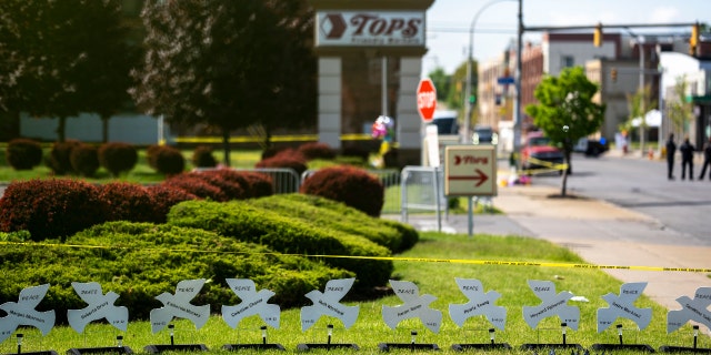A memorial to the victims of the mass shooting in Buffalo is seen near the Tops Friendly Market at Jefferson Avenue and Riley Street on Wednesday, May 18, 2022 in Buffalo, NY.