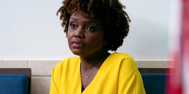 White House Press Secretary Karine Jean-Pierre listens as National Security Advisor Jake Sullivan, not pictured, speaks to reporters in the Brady Briefing Room of the White House in Washington, DC, on May 18, 2022.