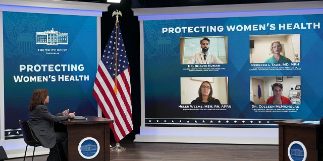 US Vice President Kamala Harris speaks about reproductive rights as she virtually meets with abortion providers in the South Auditorium at the White House in Washington, DC on May 19, 2022. (Photo by MANDEL NGAN / AFP) (Photo by MANDEL NGAN/AFP via Getty Images)