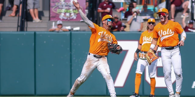 Tennessee Volunteers infielder Cortland Lawson (9) throws the ball from shallow center field during the game between the Mississippi State Bulldogs and the Tennessee Volunteers on May 21, 2022 at Dudy Noble Field at Polk-DeMent Stadium in Starkville, MS.