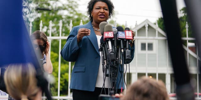 Stacey Abrams, Democratic gubernatorial candidate for Georgia, speaks during a news conference in Atlanta, Georgia, US, on Tuesday, May 24, 2022. 