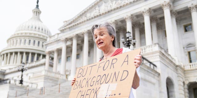 Marnie Bill of Arlington, Virginia, holds a sign on the steps of the U.S. Capitol Senate calling for an inspection of gun purchases