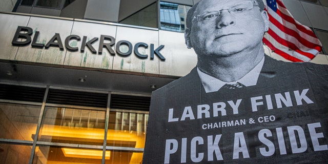 Demonstrators demonstrate outside BlackRock's headquarters in New York City during the company's 2022 annual meeting.