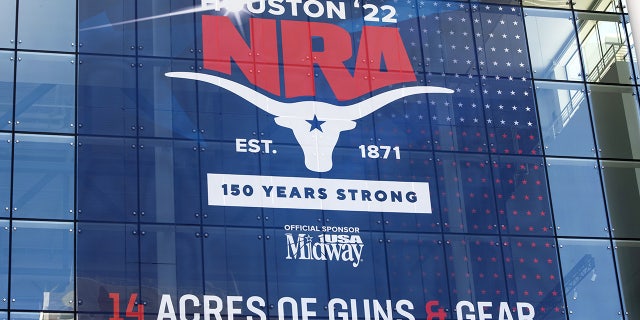 Signage outside the National Rifle Association (NRA) annual convention in Houston, Texas, US, on Friday, May 27, 2022. 