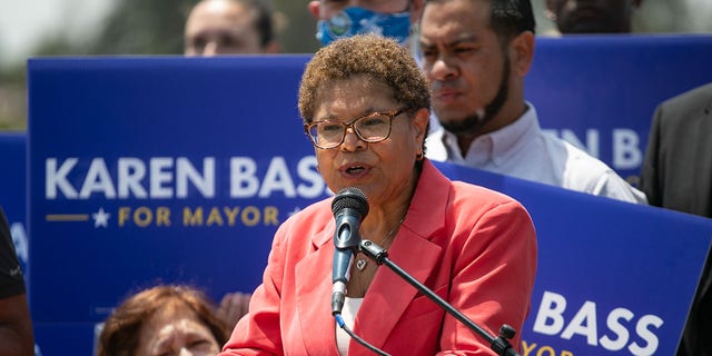 Los Angeles mayoral candidate Congresswoman Karen Bass meets with several prominent supporters at Angel's Point in Elysian Park on May 27, 2022 in Los Angeles, California.