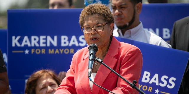 Rep. Karen Bass, a candidate for Los Angeles mayor, gathers with various prominent supporters at Angel's Point in Elysian Park on May 27, 2022, in Los Angeles, California.