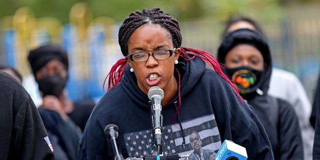 Monica Cannon-Grant speaks during a Black Lives Matter rally in front of Boston Police Headquarters on Sept. 22, 2020, in Boston. 